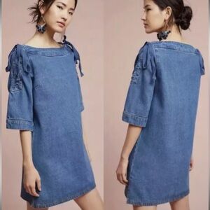 Maeve Anthropologie Denim Lace Up Open Shoulder Shift Dress